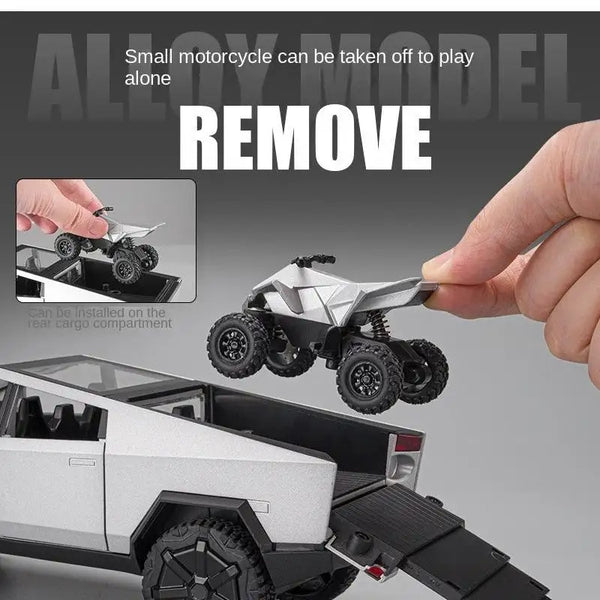 Die-Cast Tesla Cybertruck with Removable Motorcycle - Simulation Sound and Light Pull Back Series
