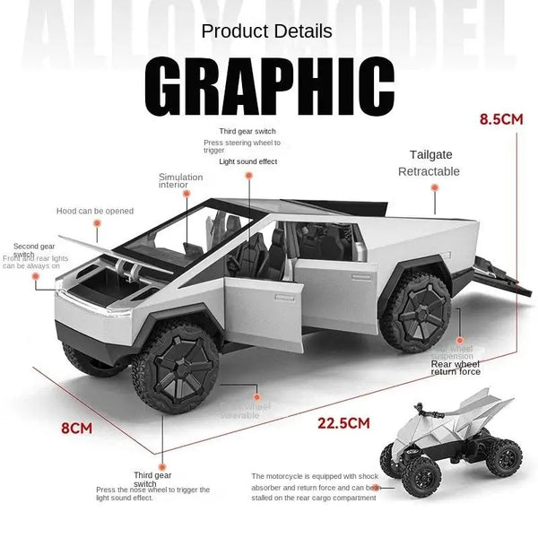 Die-Cast Tesla Cybertruck with Removable Motorcycle - Simulation Sound and Light Pull Back Series