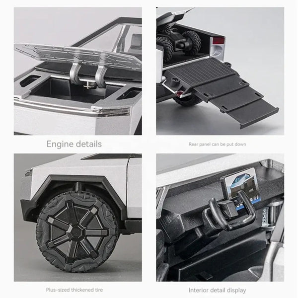 Die-Cast Tesla Cybertruck with Removable Motorcycle - Simulation Sound and Light Pull Back Series