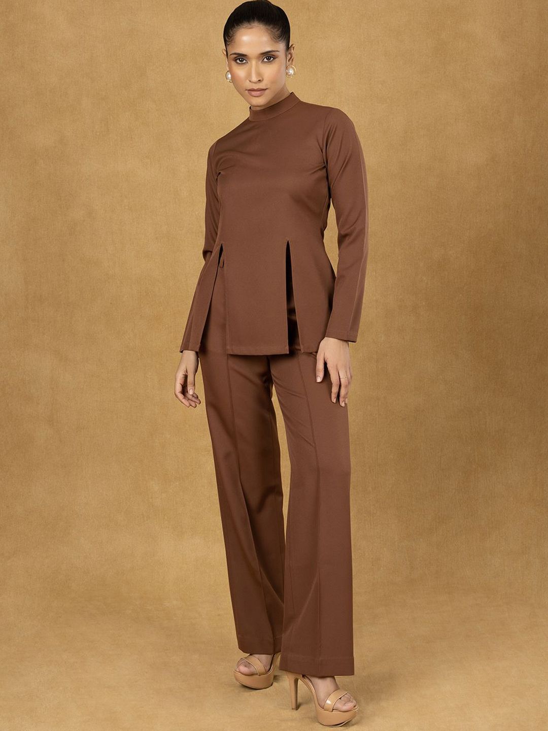 Brown Front Slit Top With Straight Trouser