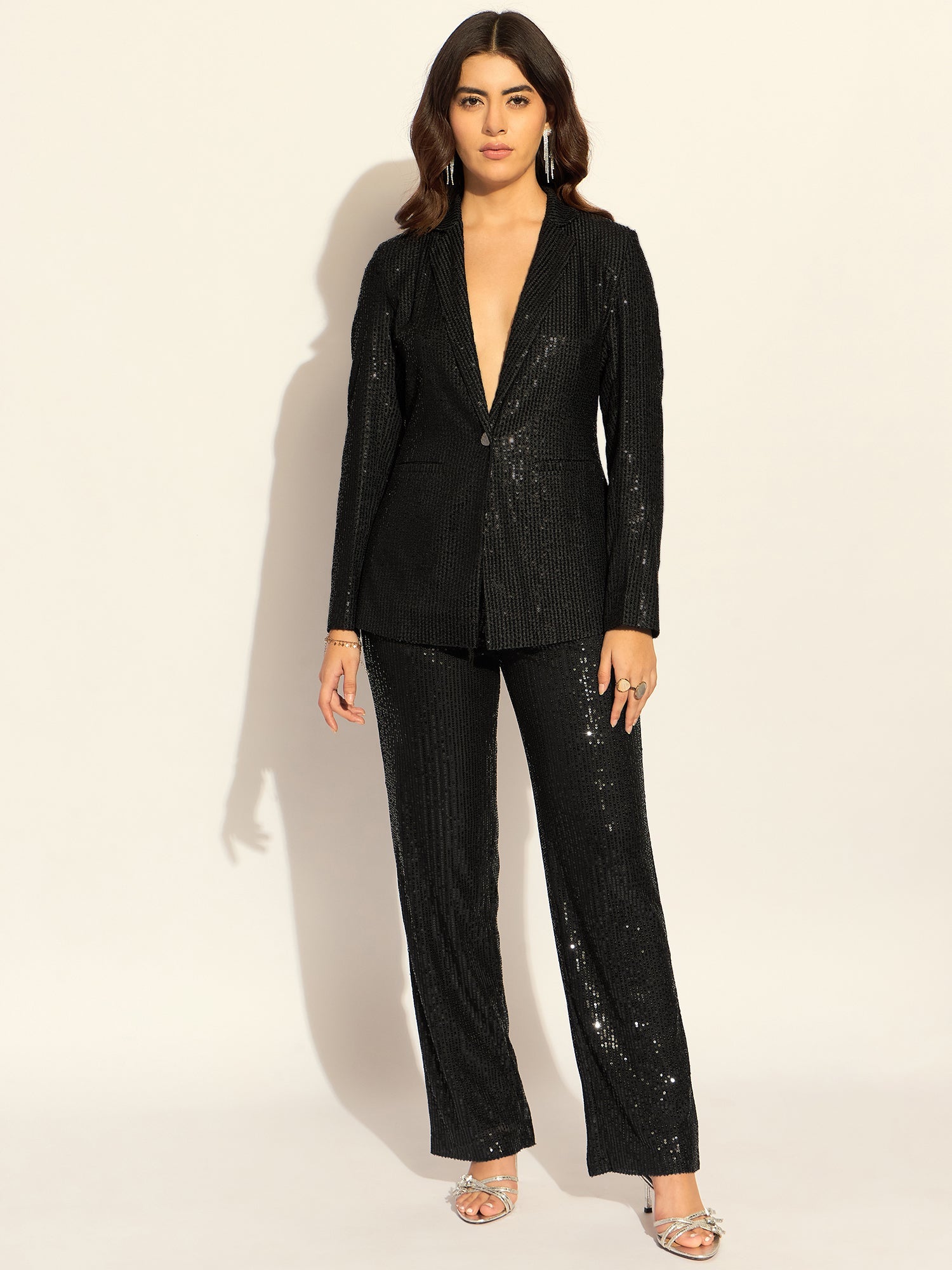 Buy Black Sequined Single-Breasted Party Blazer With Trouser In
