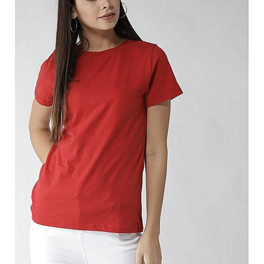 Red Cotton Basic Round Neck Half Sleeves Tshirt For Women - Front View - AceCart