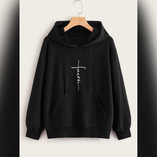 Black Faith Printed Fleece Full Sleeves Pull Over Hoodie