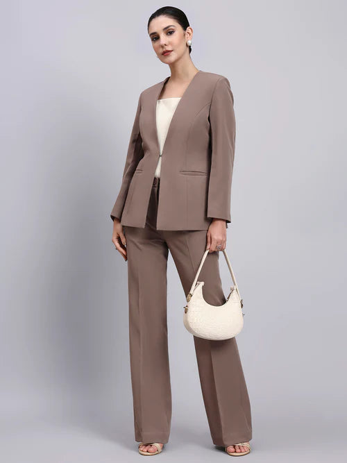 Women beige brown lapel less blazer suit with formal pants office wear Pakistan