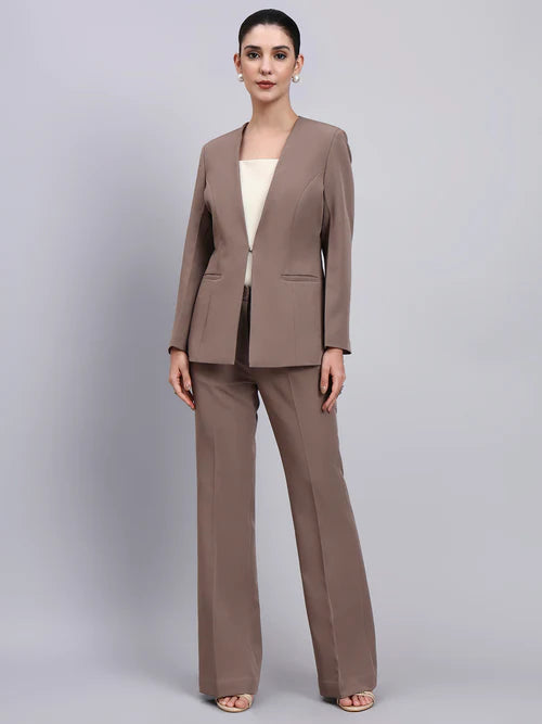 Beige brown powersuit for women lapel less blazer front view formal outfit Pakistan
