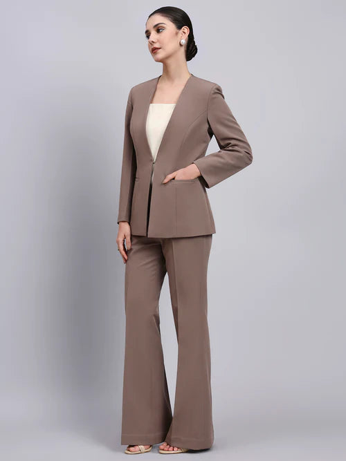 Side view beige brown powersuit women lapel less modern formal outfit