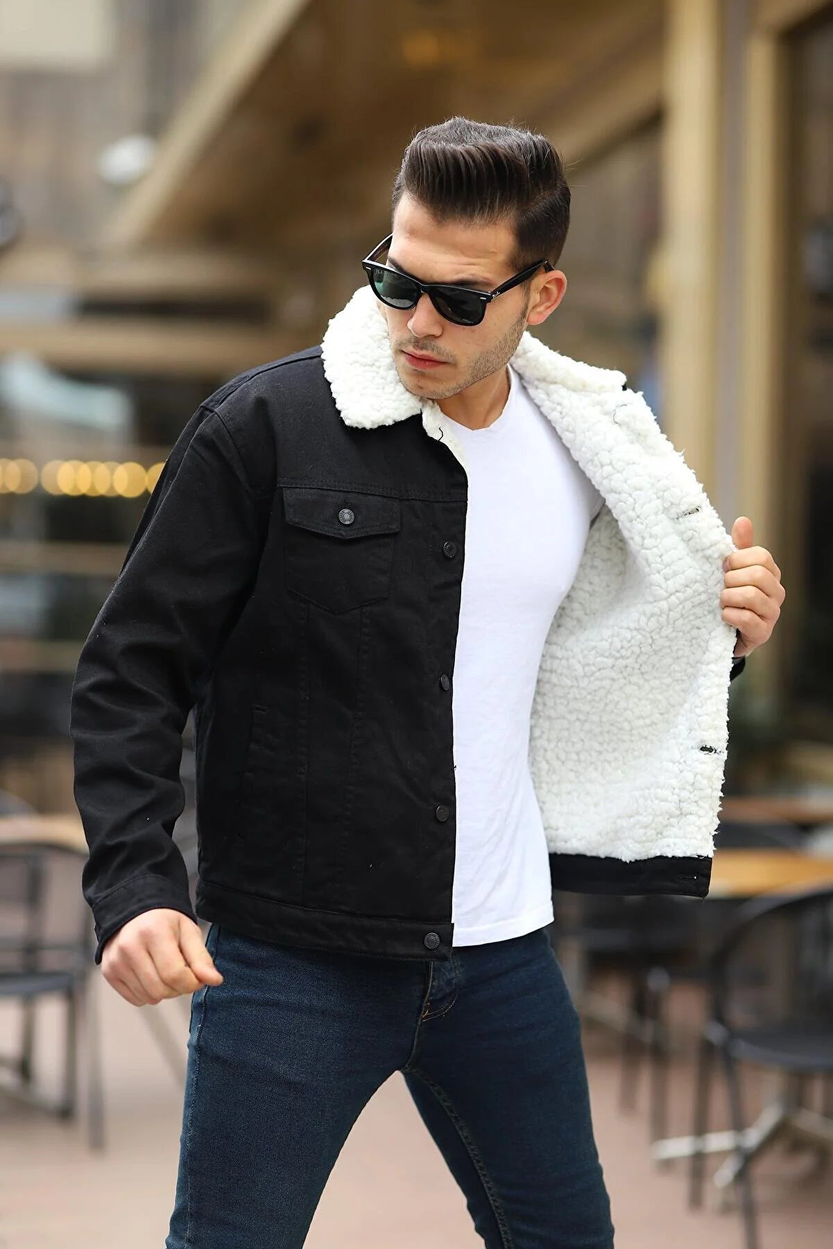 Buy Full White Fur Black Denim Jacket for Men Stylish Jackets
