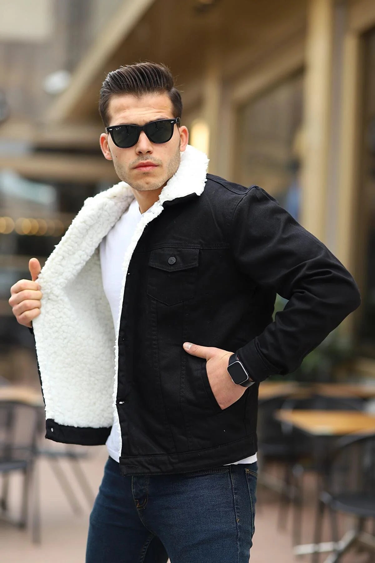 Shirt Black Denim Jacket White Collar Buy Full White Fur Black