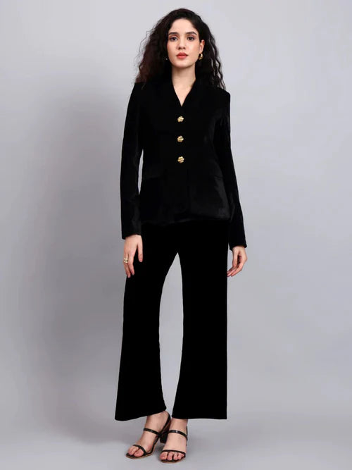 Women black velvet blazer suit with gold buttons luxury formal wear Pakistan