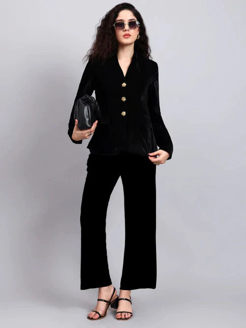 Black velvet pantsuit for women with gold buttons front view elegant formal outfit Pakistan