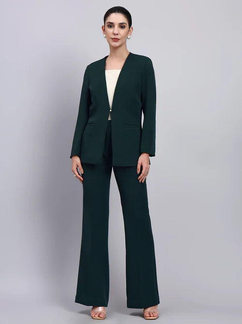 Women bottle green lapel less blazer suit with formal pants office wear Pakistan