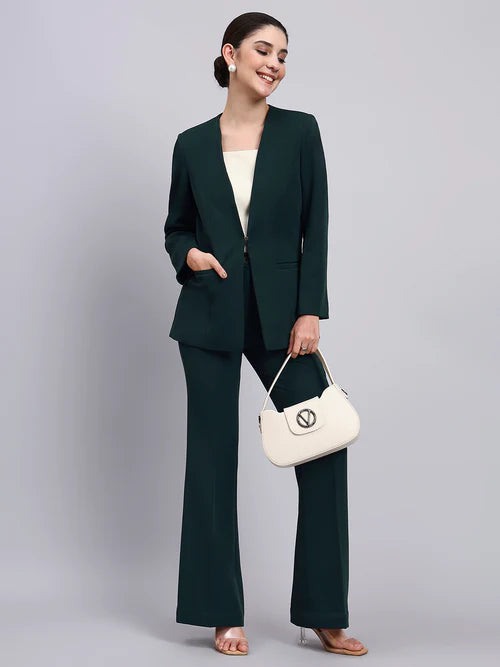 Bottle green pantsuit for women lapel less blazer front view formal outfit Pakistan

