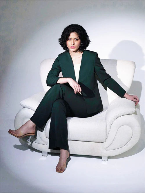 Elegant bottle green lapel less pantsuit for women office and semi formal wear Pakistan
