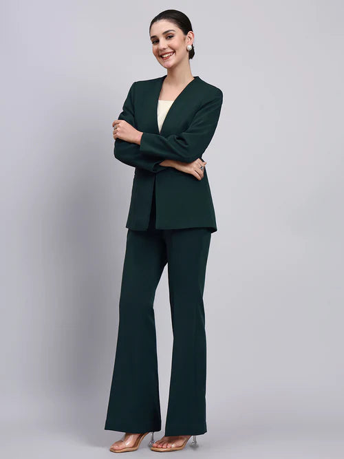 Side view bottle green pantsuit women lapel less modern formal outfit