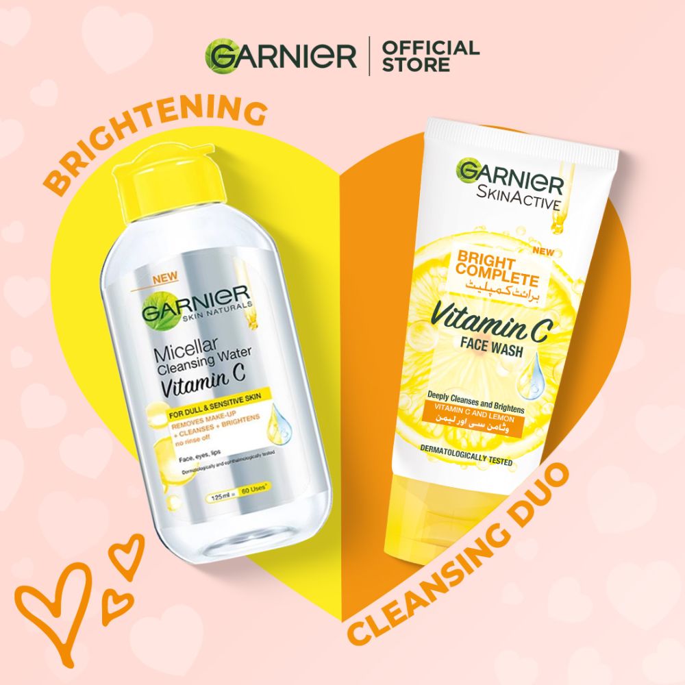 Garnier Brightening Cleansing Duo - Vitamin C Facewash 100ml + Micellar Water 125ml - Front View