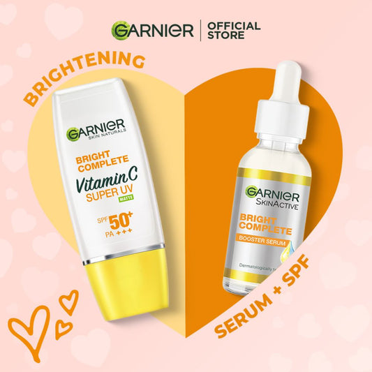 Garnier Brightening Skincare - Vitamin C Serum 30ml + Super UV Matte SPF 50+ Sunscreen 50ml - Front View