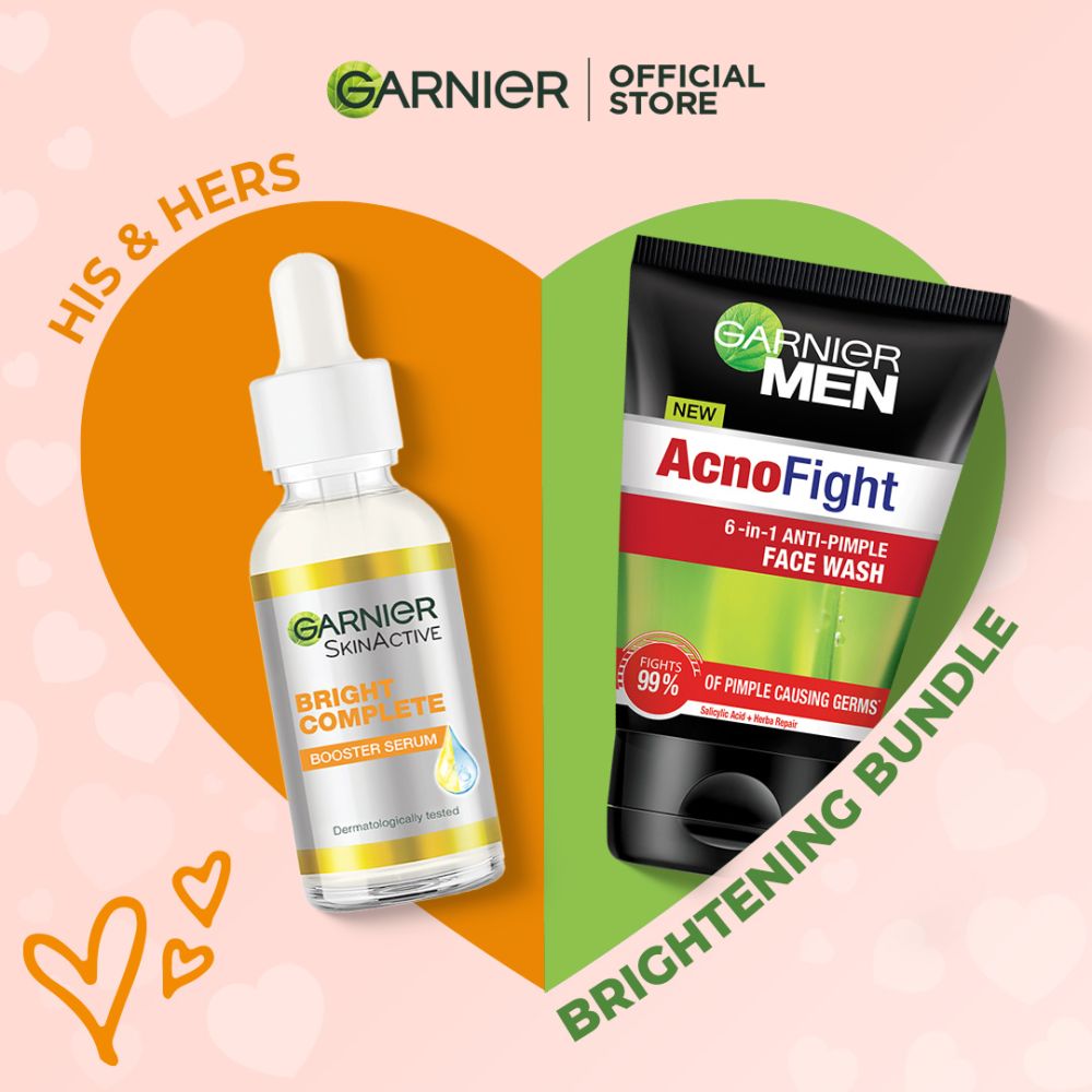 Garnier His & Hers Brightening Bundle - Vitamin C Serum 30ml + Men Acno Fight Facewash 50ml - Front View