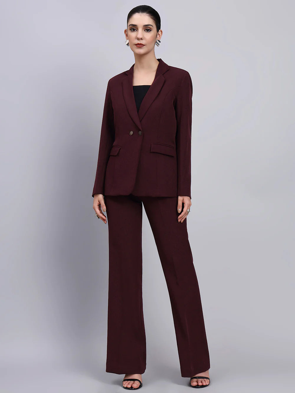 Women burgundy single breasted blazer suit with formal pants office wear Pakistan