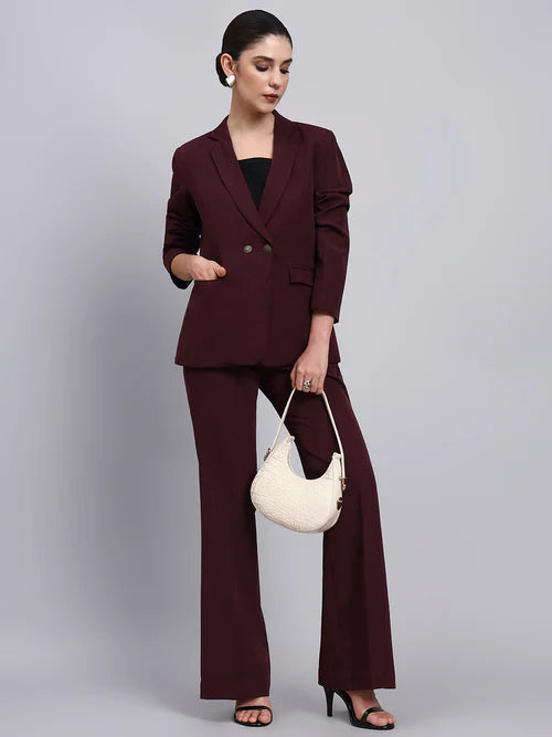 Burgundy formal pantsuit for women front view single breasted blazer Pakistan