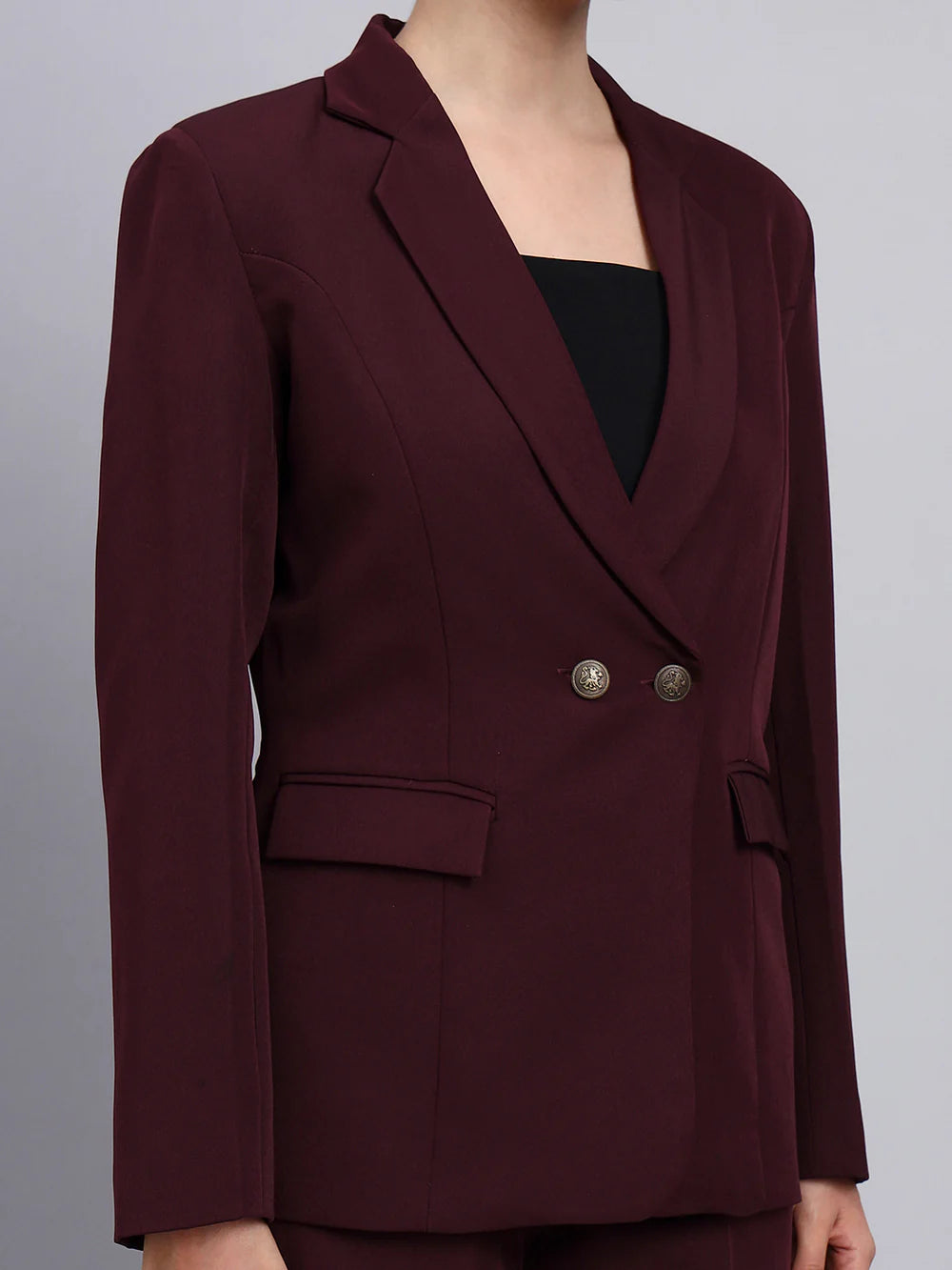 Close up burgundy formal pantsuit fabric stitching premium quality women suit