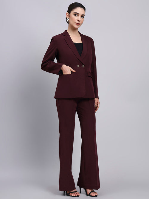 Side view burgundy pantsuit women elegant formal blazer and trousers set
