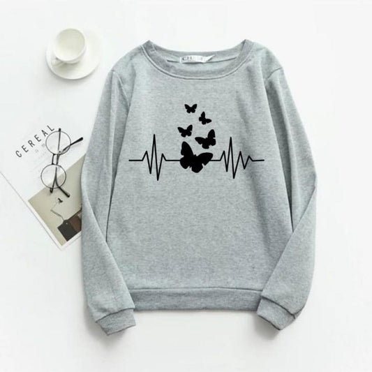 Grey Butterfly Fleece Full Sleeves Sweatshirt For Women