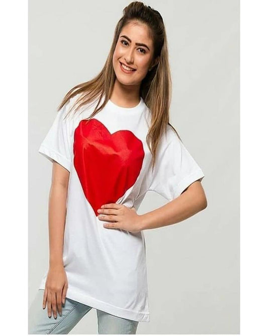 White Red Heart Cotton Printed T-Shirt For Women - Front View - AceCart