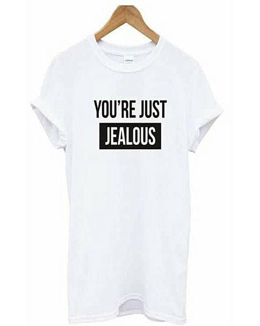 White Your Just Jealous Cotton Printed T-Shirt For Women - Front View - AceCart