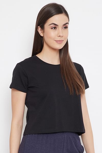 Basic Cropped Casual Tee in Black - 100% Cotton