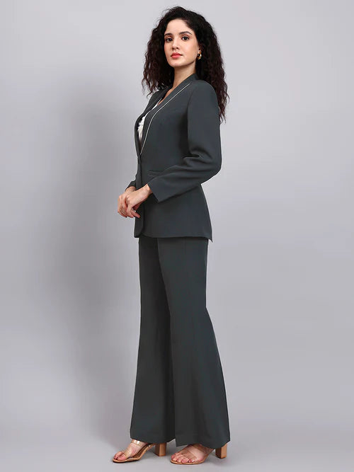 Side view dark grey pantsuit women shawl collar elegant formal blazer trousers set
