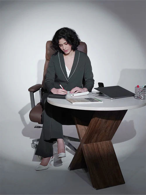 Women dark grey shawl collar blazer suit with tailored formal pants office outfit Pakistan
