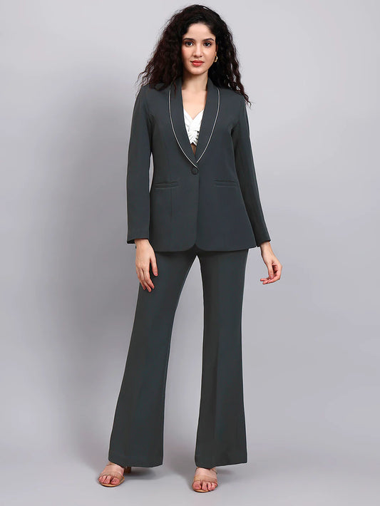 Dark grey shawl collar tailored pantsuit for women front view formal office wear Pakistan