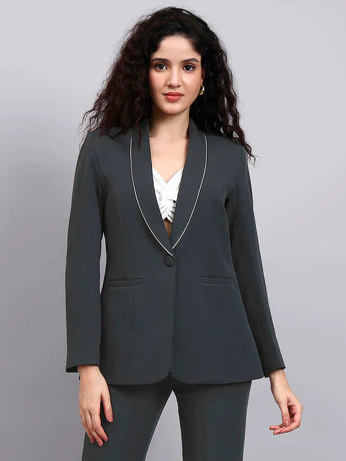 Elegant dark grey shawl collar pantsuit for women office and business wear Pakistan
