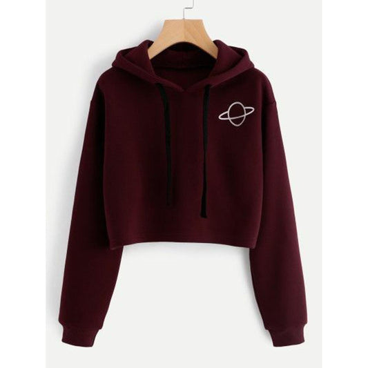 Maroon Planet Printed Fleece Full Sleeves Cropped Pull Over Hoodie For Women