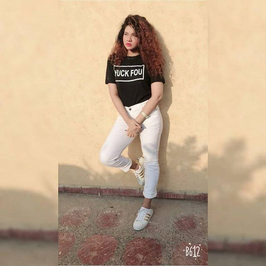 Black Yuck Fou Cotton Printed T-Shirt For Women - Front View - AceCart