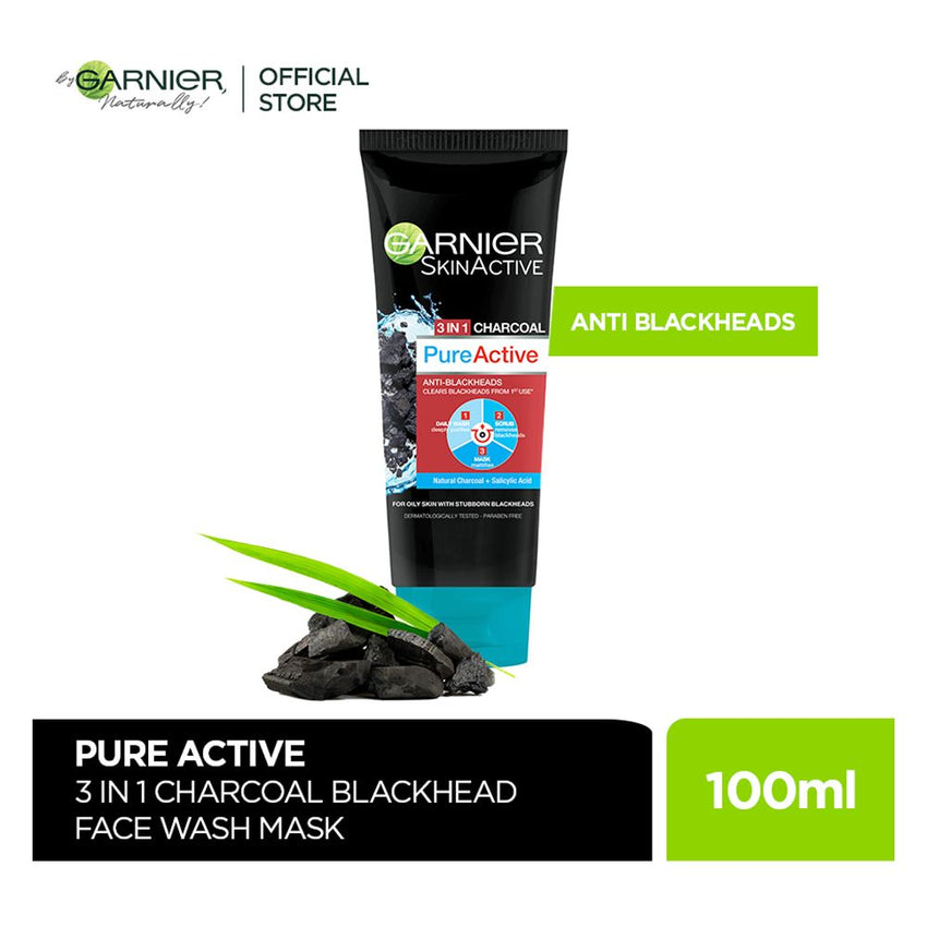 Garnier Skin Active Pure Active Anti-Blackheads 3-In-1 Daily Wash + Scrub + Mask, 100ml -  Front View