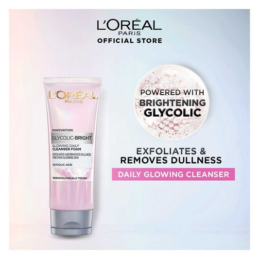L'Oreal Paris Glycolic-Bright Glowing Daily Face Wash, For Even Glowing Skin, 100ml - Brightening, Dark Spots, Glowing Skin - Front View