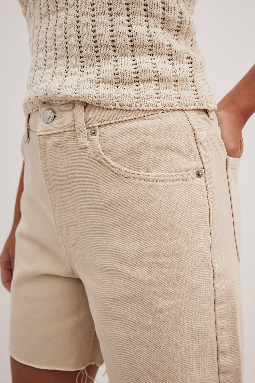 High Waist Raw Hem Denim Shorts Beige - Back View - AceCart