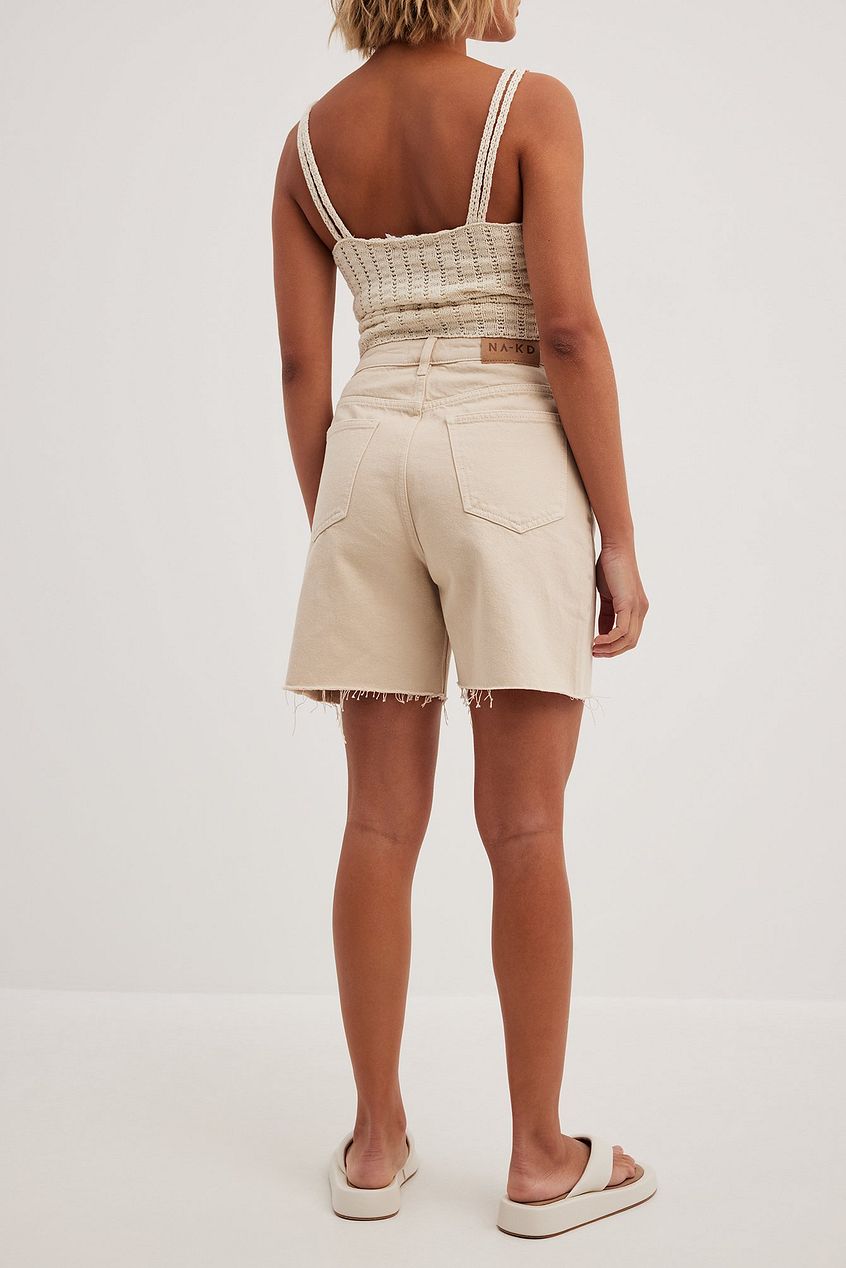 High Waist Raw Hem Denim Shorts Beige - Side View - AceCart