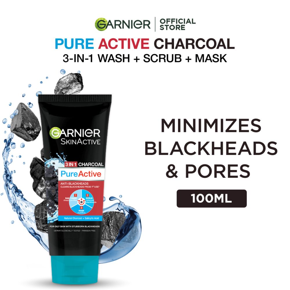 Garnier Skin Active Pure Active Anti-Blackheads 3-in-1 Daily Wash + Scrub + Mask, 100ml - Dissolve Dirt and Impurities - Front View