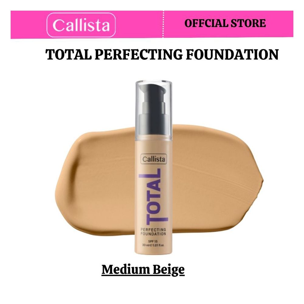 Callista Total Perfecting Foundation, Vegan, SPF 15, Non Comedogenic & Cruelty Free, 30ml, 230 Medium Beige - Front View