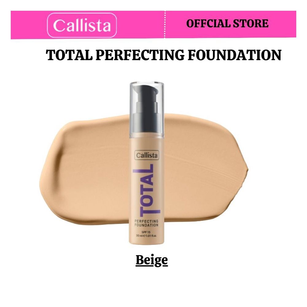 Callista Total Perfecting Foundation, Vegan, SPF 15, Non Comedogenic & Cruelty Free, 30ml, 200 Beige - Front View