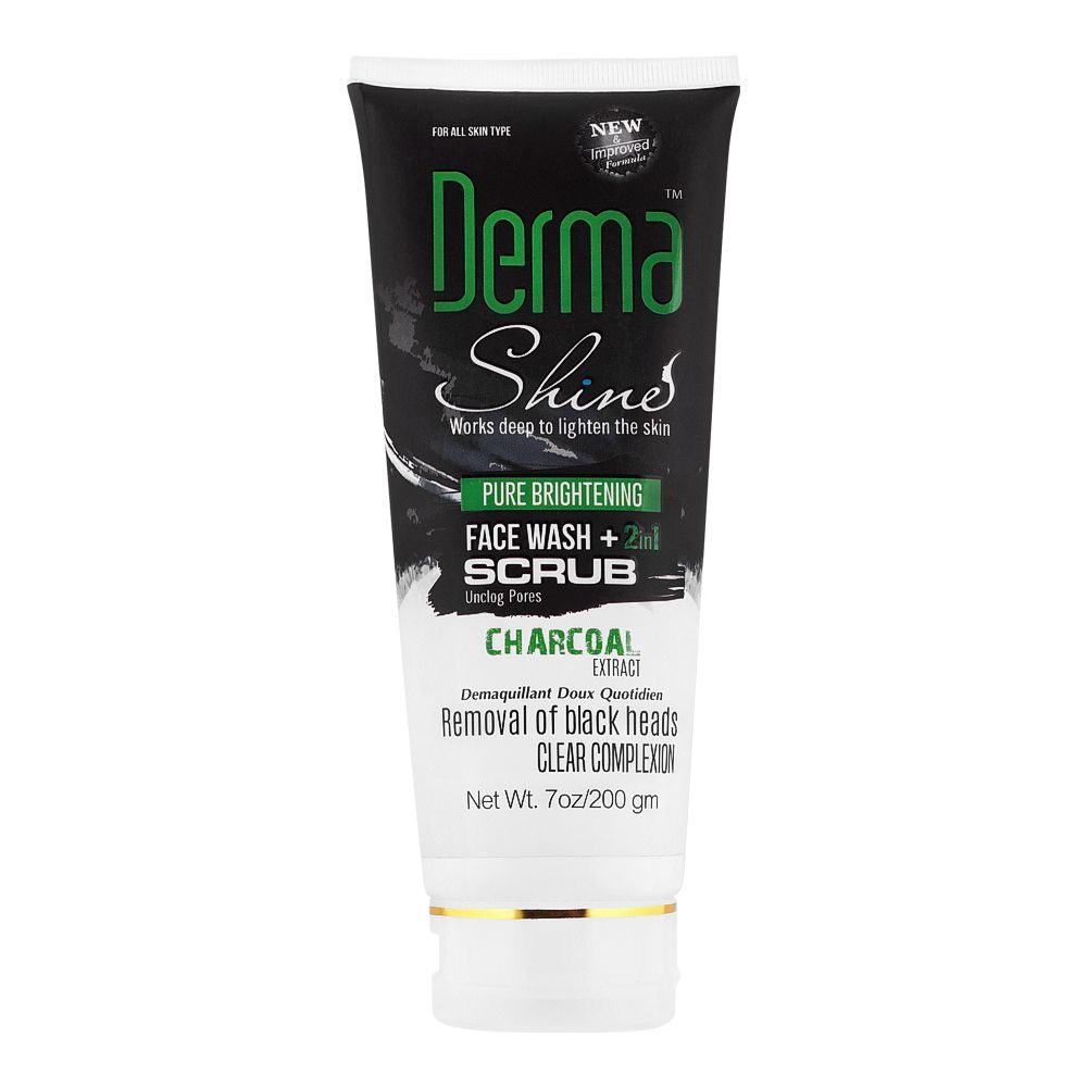 Derma Shine Pure Whitening Charcoal Extract 2-In-1 Face Wash + Scrub, 200g - Front View