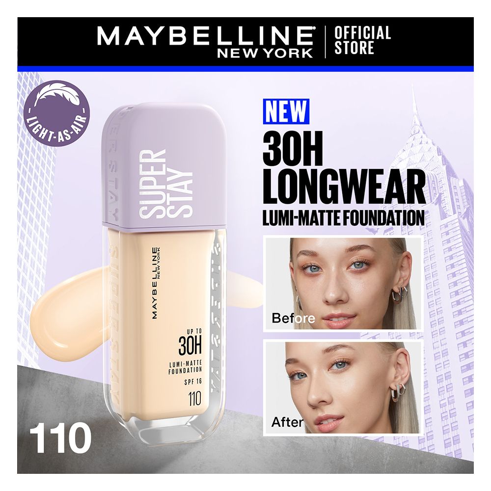 Maybelline New York Superstay Lumi Matte Liquid Foundation With SPF-16, 30H Weightless Longwear, 30ml, 110 - Front View