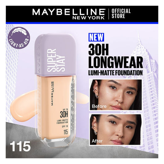 Maybelline New York Superstay Lumi Matte Liquid Foundation With SPF-16, 30H Weightless Longwear, 30ml, 115 - Front View