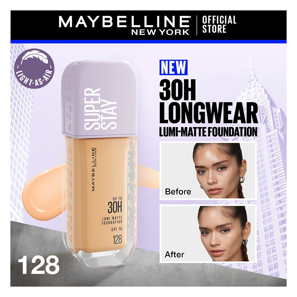 Maybelline New York Superstay Lumi Matte Liquid Foundation With SPF-16, 30H Weightless Longwear, 30ml, 128 - Front View