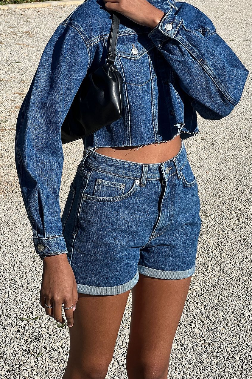 Fold Up Mom Shorts Blue - Side View - AceCart