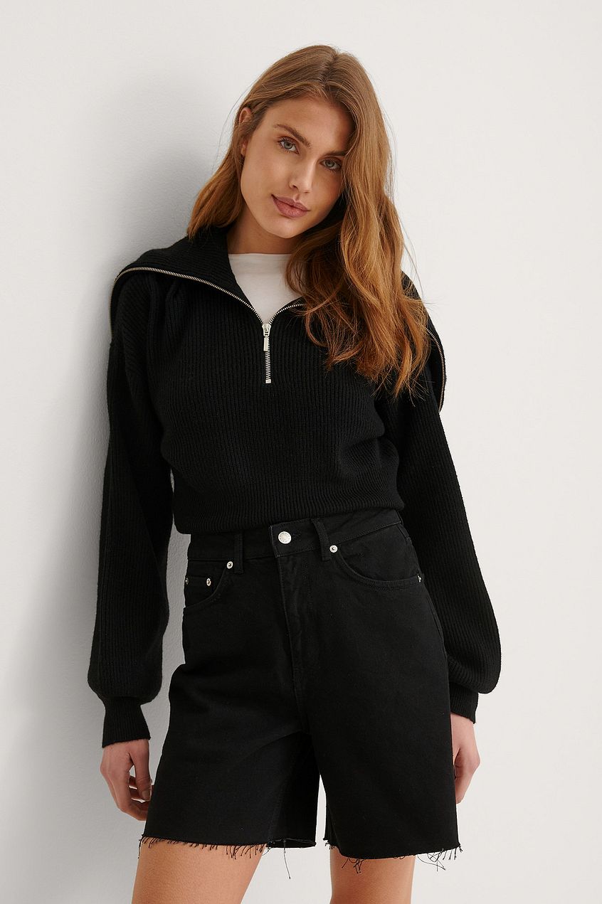 Organic Raw Hem High Waist Shorts Black - Front View - AceCart