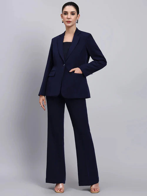 Navy blue single breasted formal pantsuit for women front view office wear Pakistan