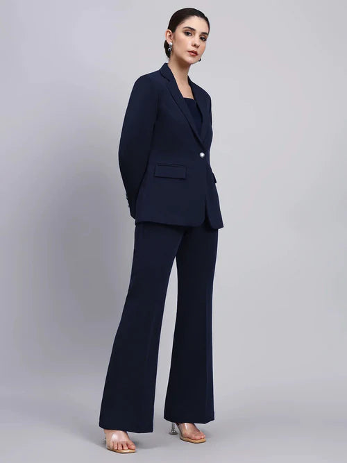 Side view navy blue pantsuit women single breasted blazer and trousers set